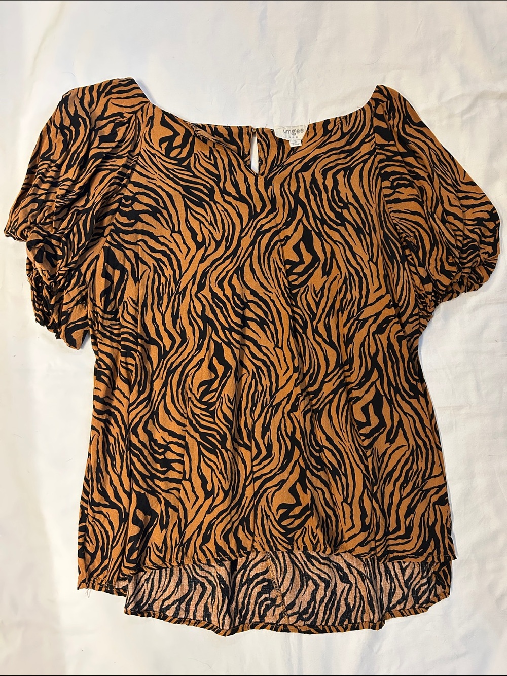 Umgee Black and Brown Tiger-Print Puff Sleeve Blouse
